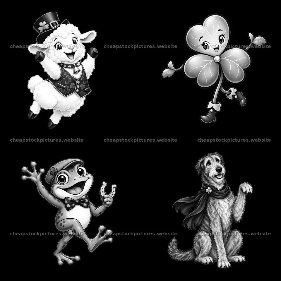 St. Patrick's Day cartoon characters in black and white design – stock pictures 7746x7746