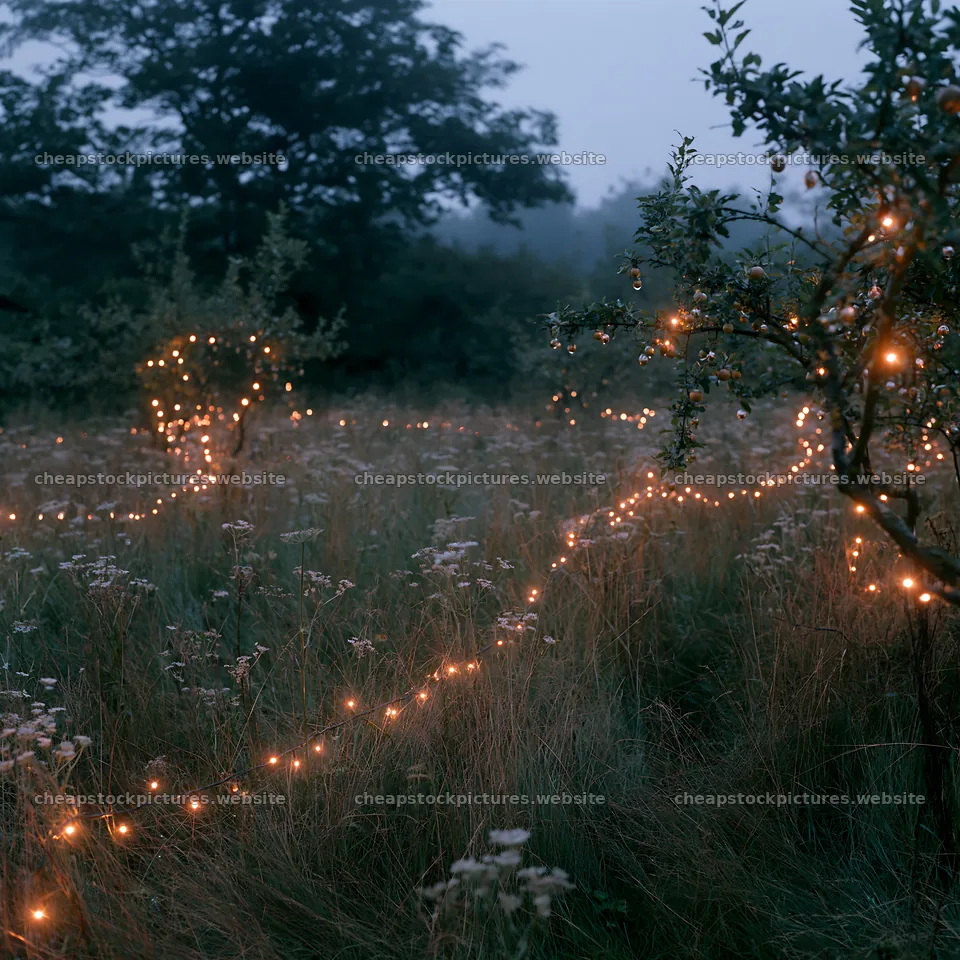Christmas meadow with apple trees and lights in the dew – stock pictures 7938x7938