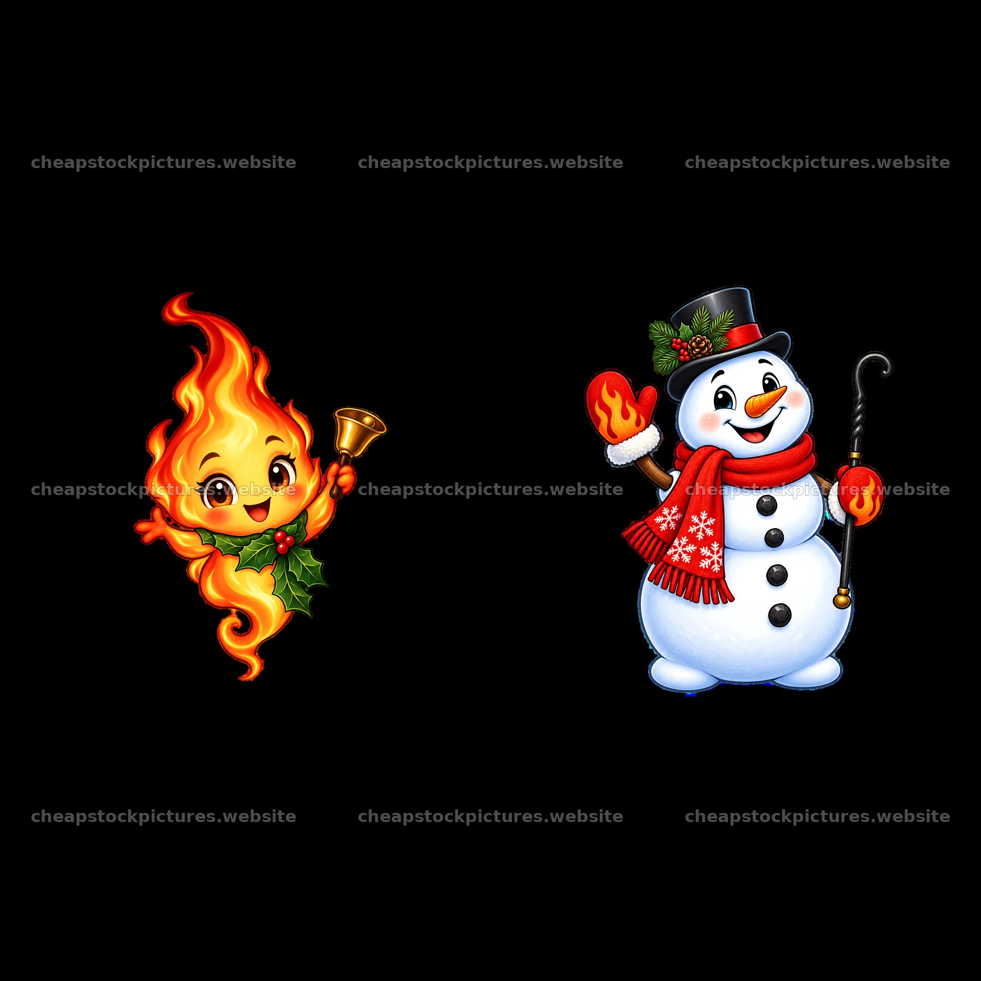 Christmas fire character and snowman with accessories – stock pictures 7746x7746