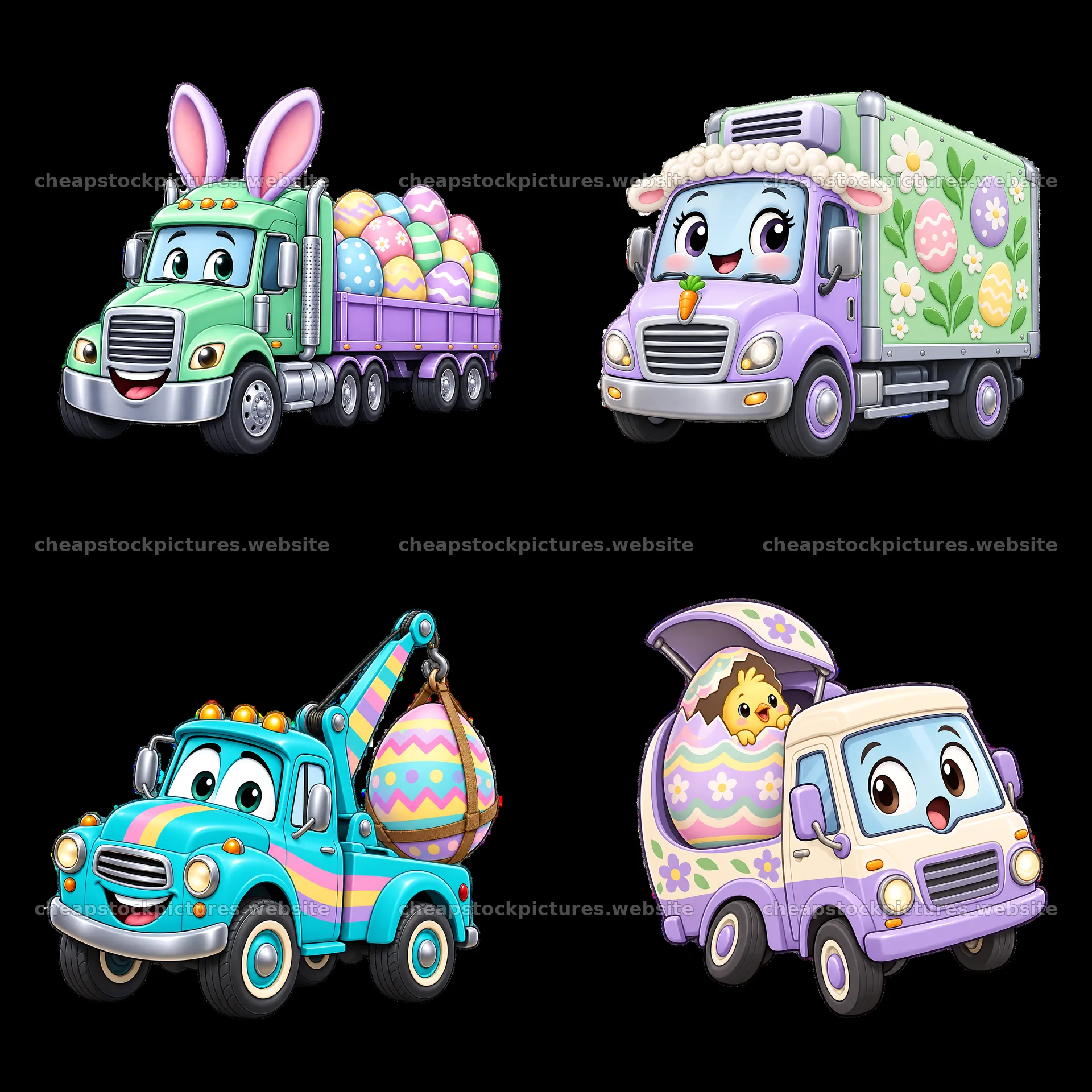 Easter trucks with colorful eggs in a 2x2 arrangement – stock pictures 7746x7746