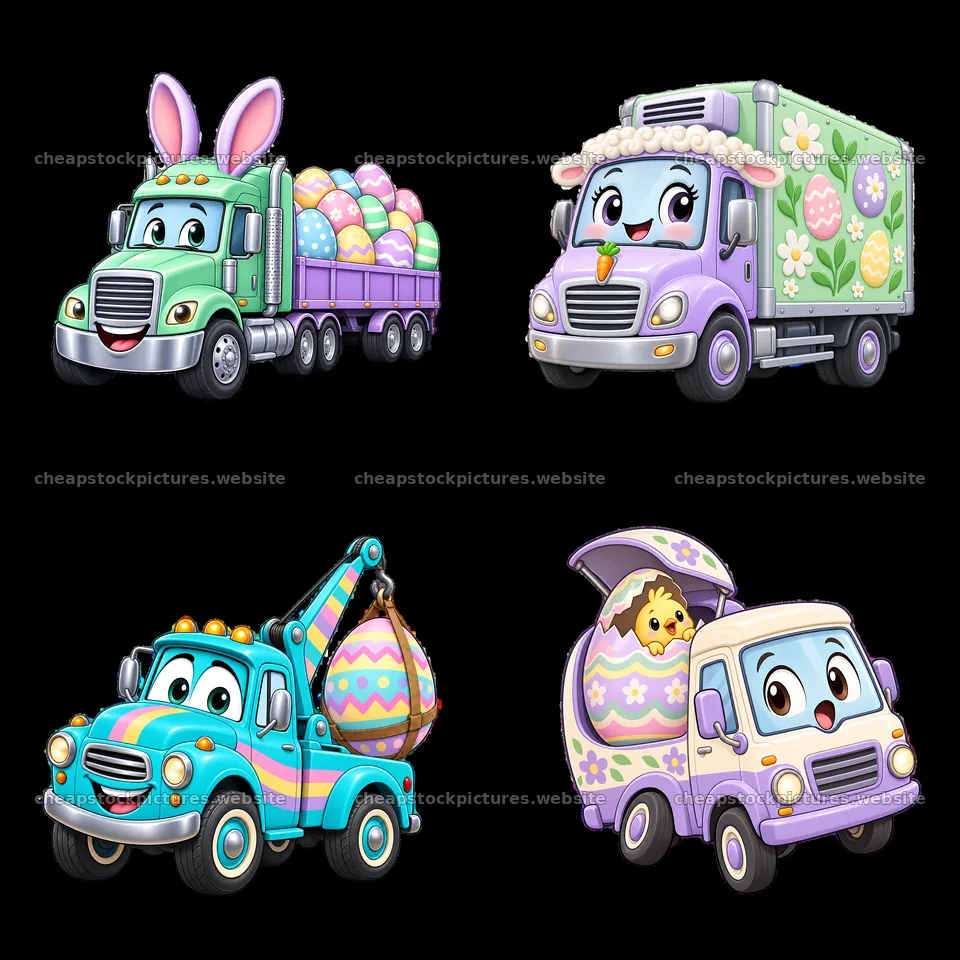 Easter trucks with colorful eggs in a 2x2 arrangement – stock pictures 7746x7746