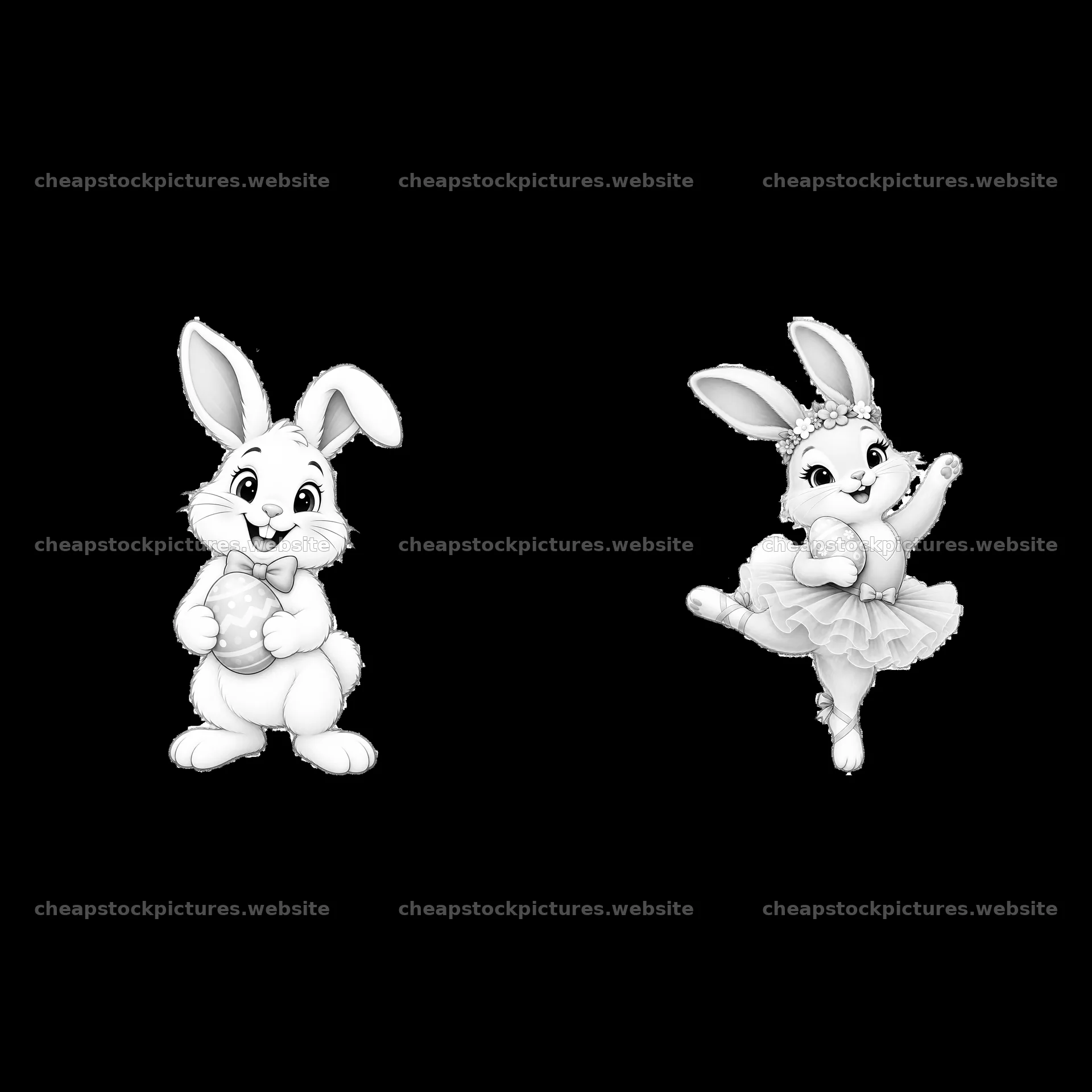 Two Easter bunnies holding a heart and dancing with flowers – stock pictures 7746x7746