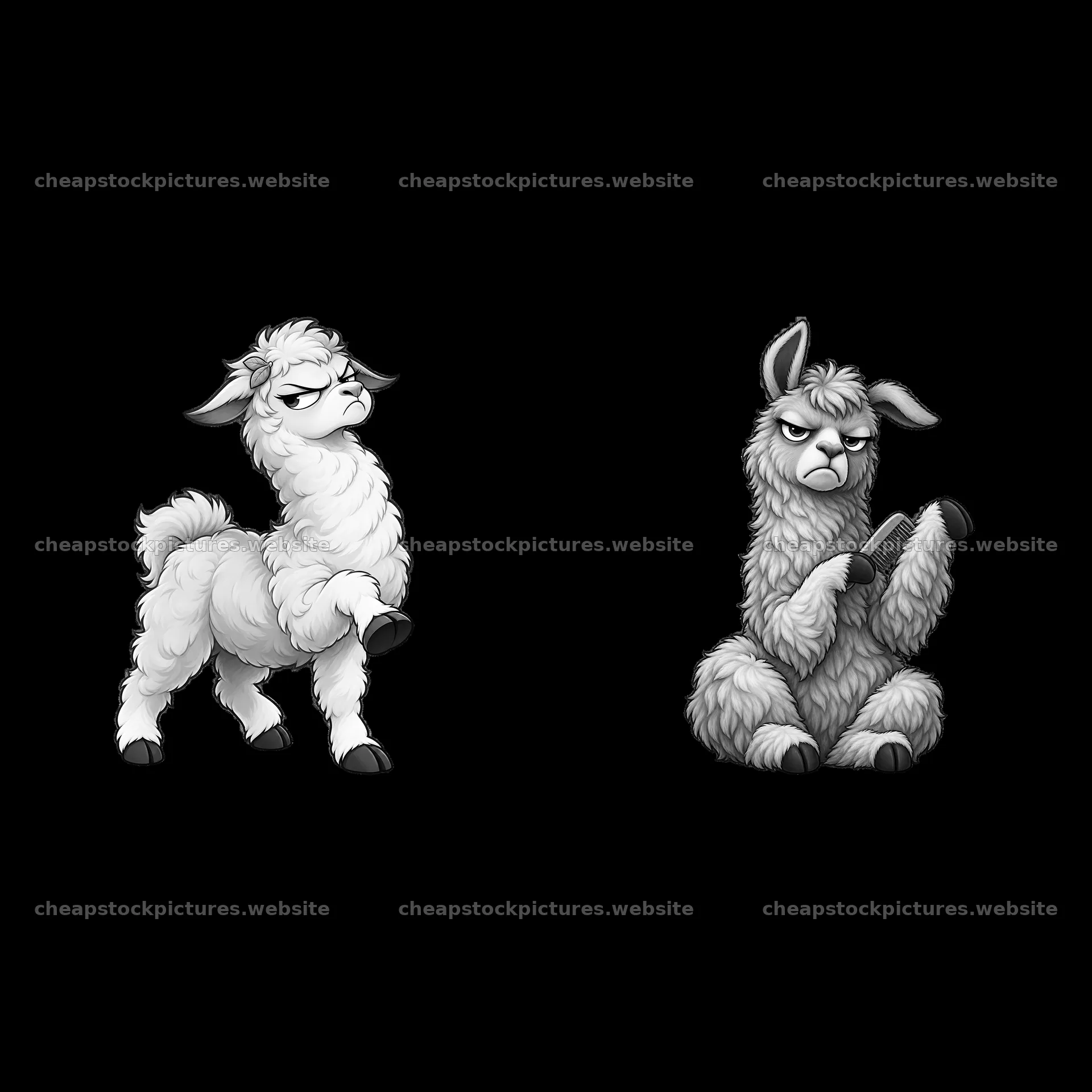 Grumpy llamas in monochrome sticker set – stock pictures 7746x7746