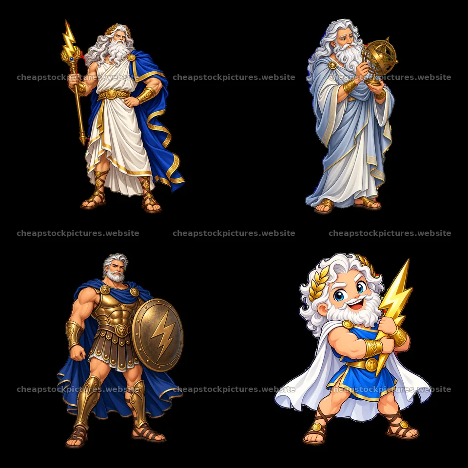 Zeus cartoon stickers featuring four different poses and attire – stock pictures 7746x7746