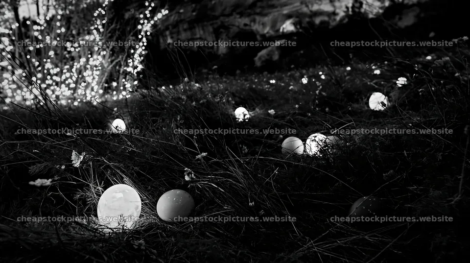 Christmas lanterns at dusk in meadow by cave – stock pictures 10608x5938