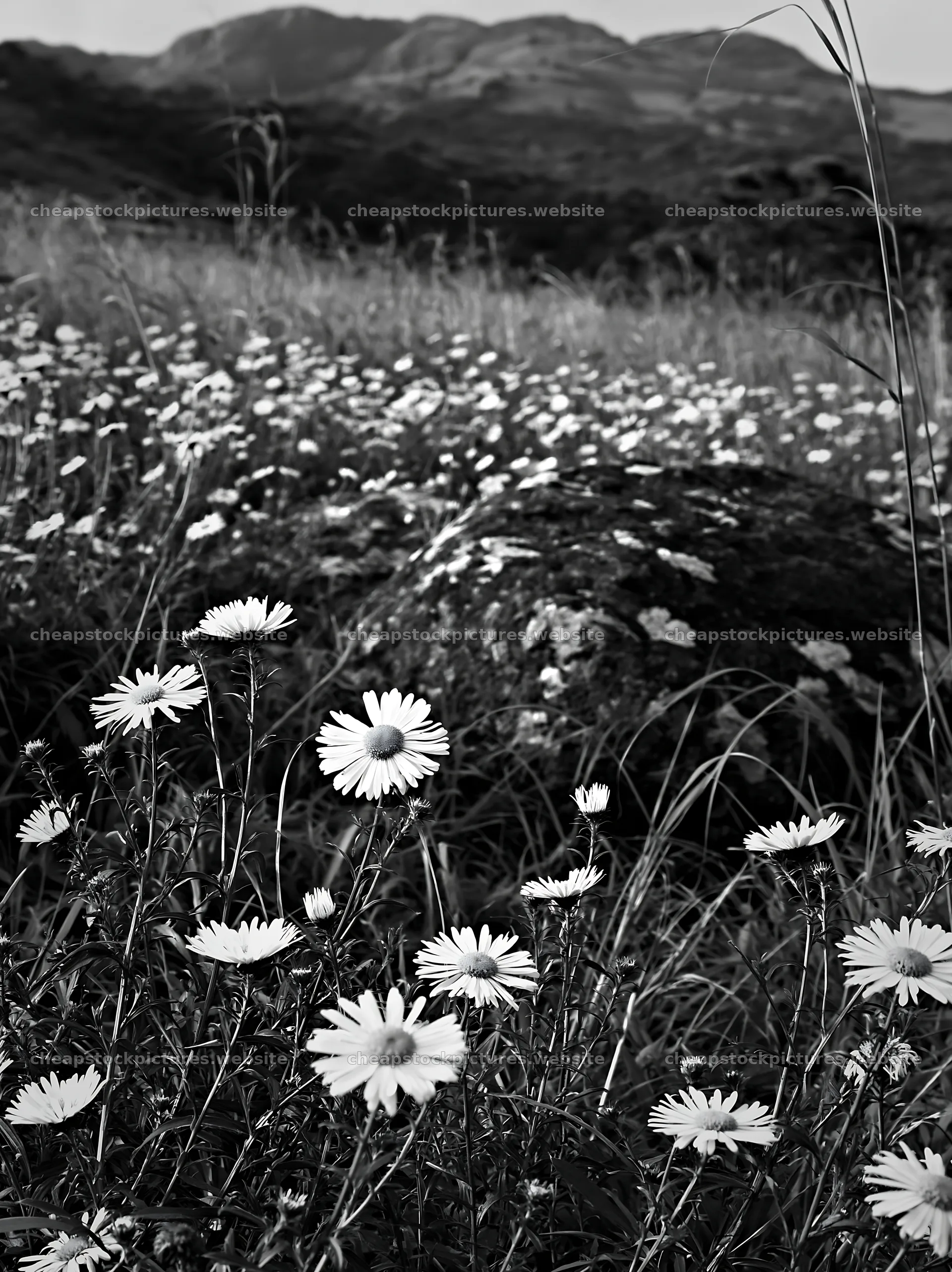 Oita highland meadow with granite stones and wildflowers – stock pictures 6866x9174