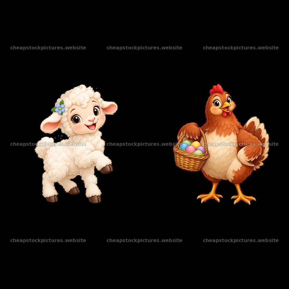 Cute cartoon sheep and chicken with basket of eggs on a farm – stock pictures 7746x7746