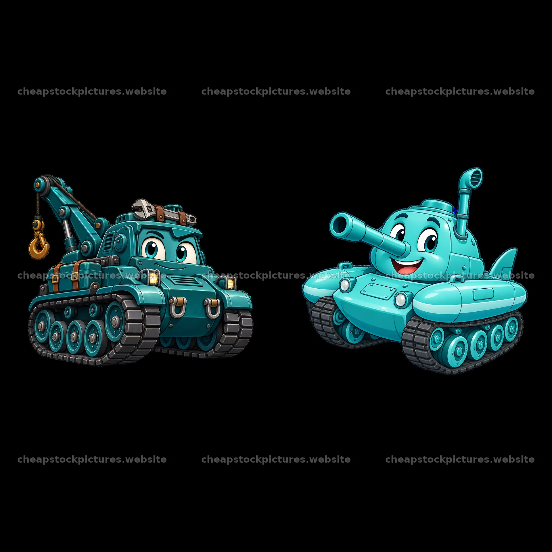 Cartoon tank characters with friendly expressions and accessories – stock pictures 7746x7746