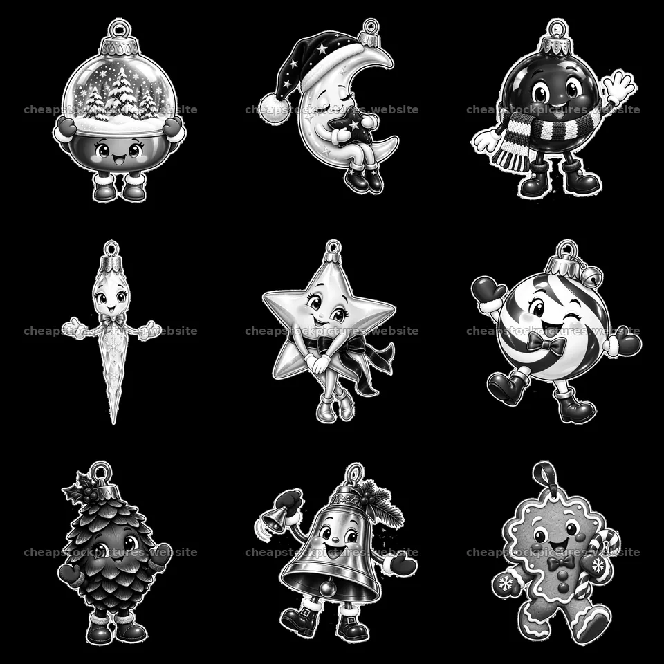 Christmas ornament characters in a 3x3 arrangement – stock pictures 7746x7746