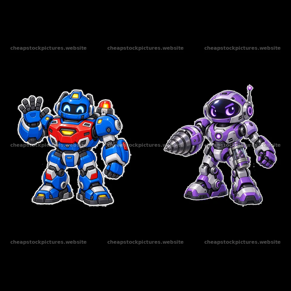 Colorful mech robots greeting each other in playful style – stock pictures 7746x7746
