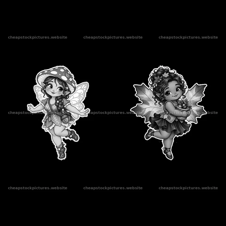 Kawaii chubby fairy characters dancing with nature elements – stock pictures 7746x7746