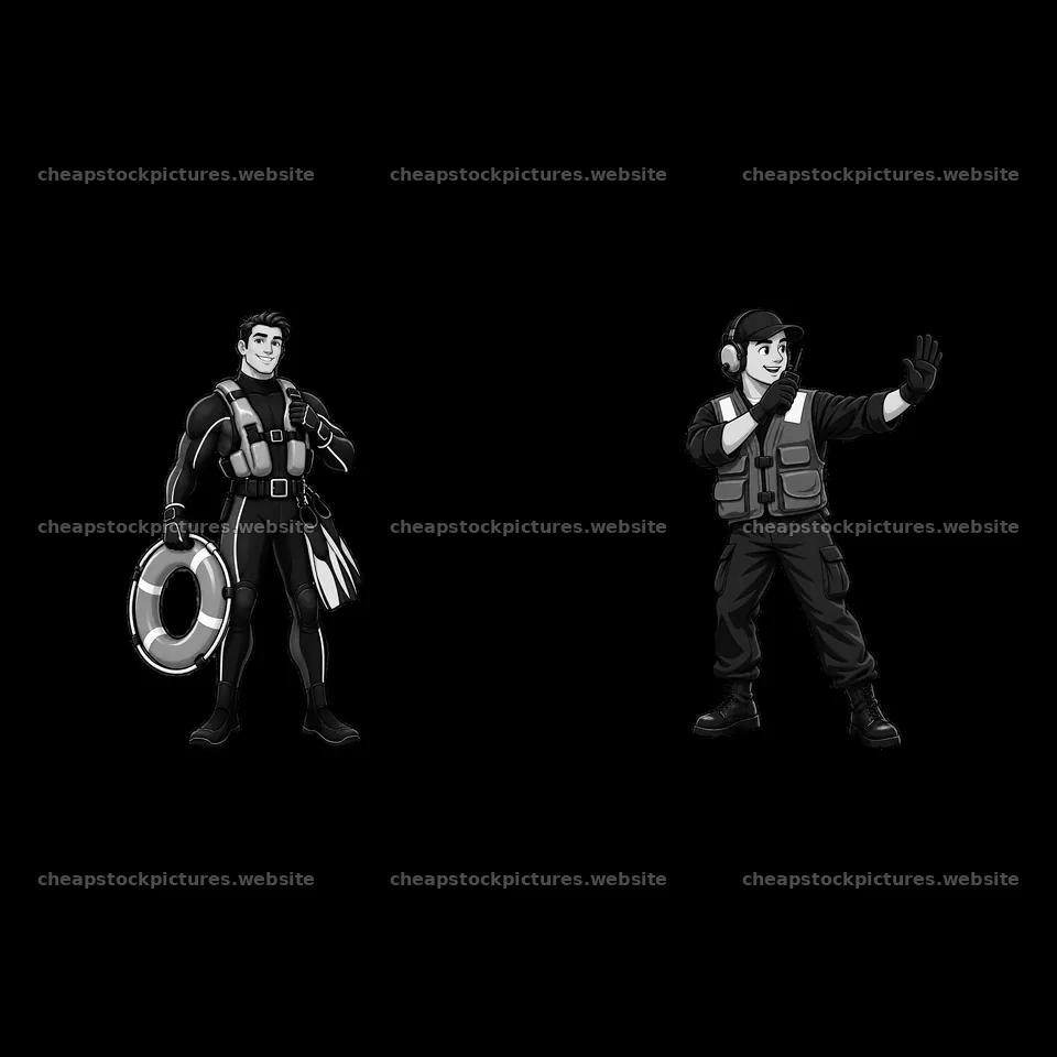 Black and white cartoon stickers of two aircraft carrier crew – stock pictures 7746x7746