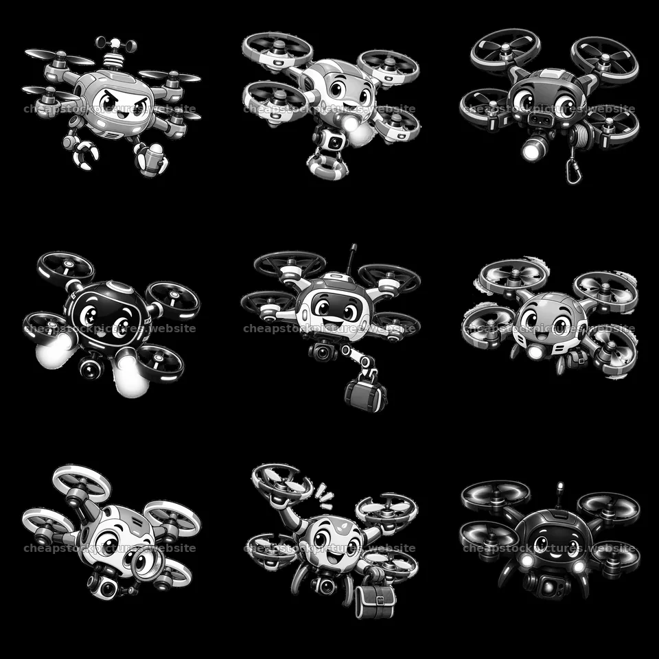 Drones with unique expressions and accessories in a grid – stock pictures 7746x7746