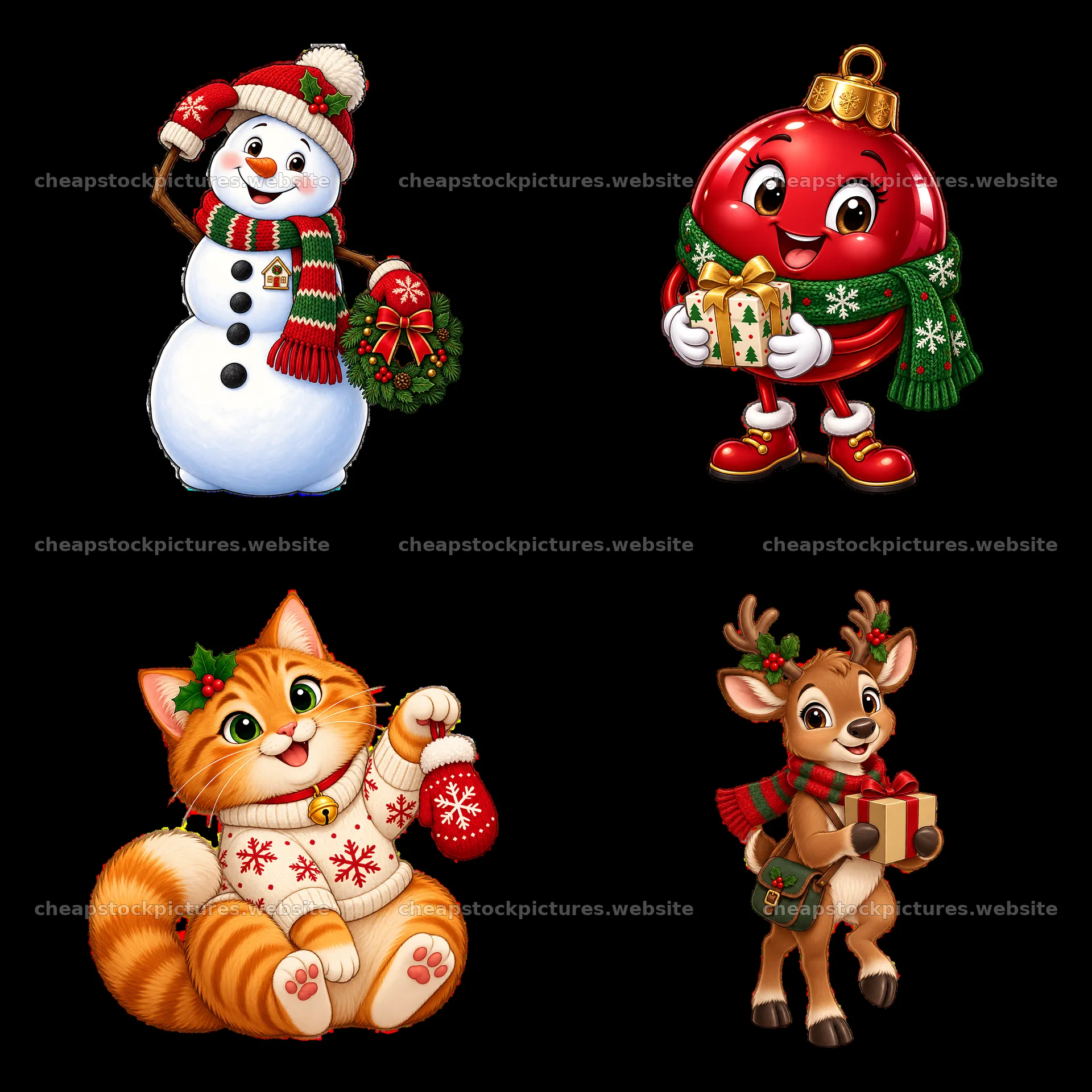 Christmas cartoon stickers with snowman, cat, ornament, and – stock pictures 7746x7746