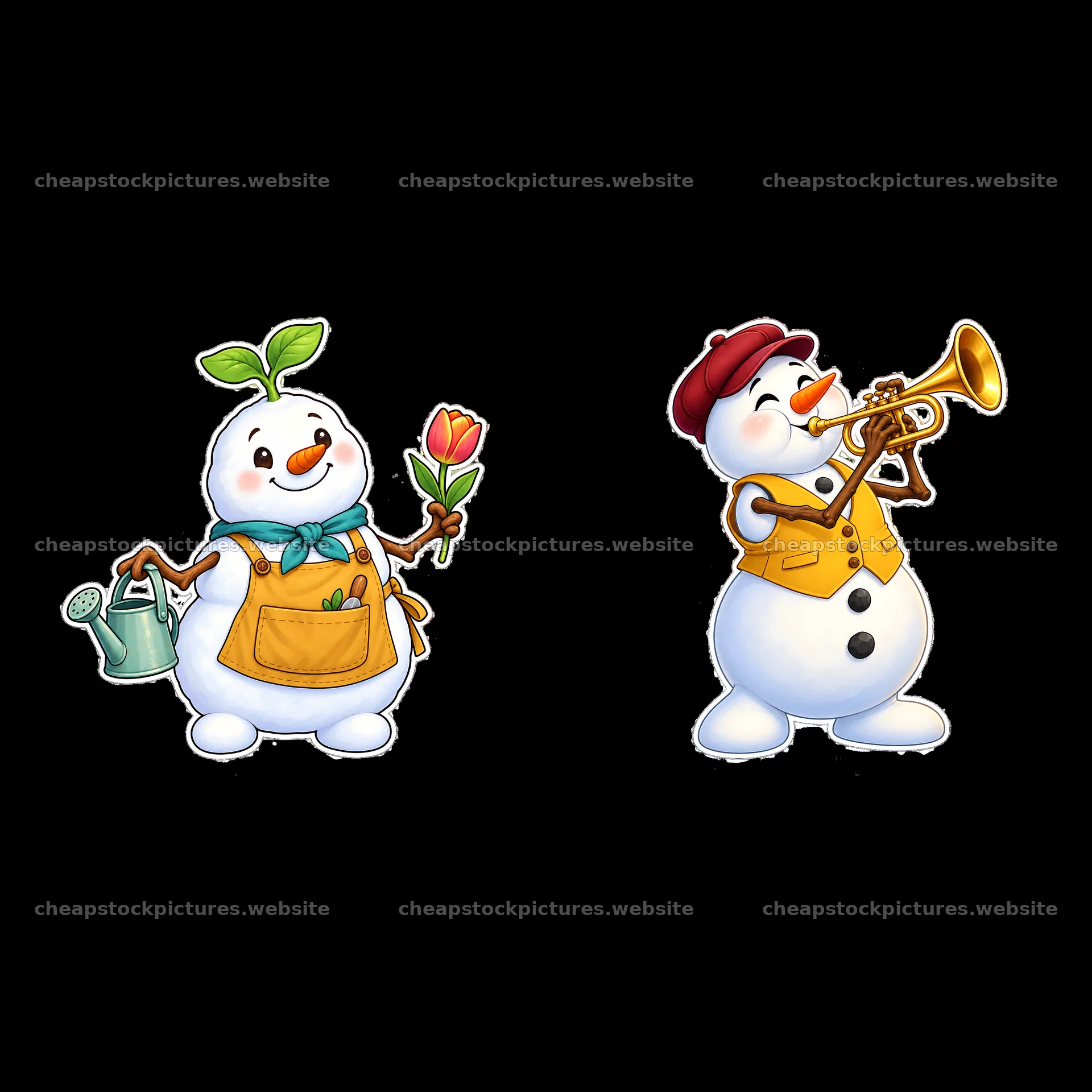Snowman with flower and snowman playing trumpet in a pair – stock pictures 7746x7746