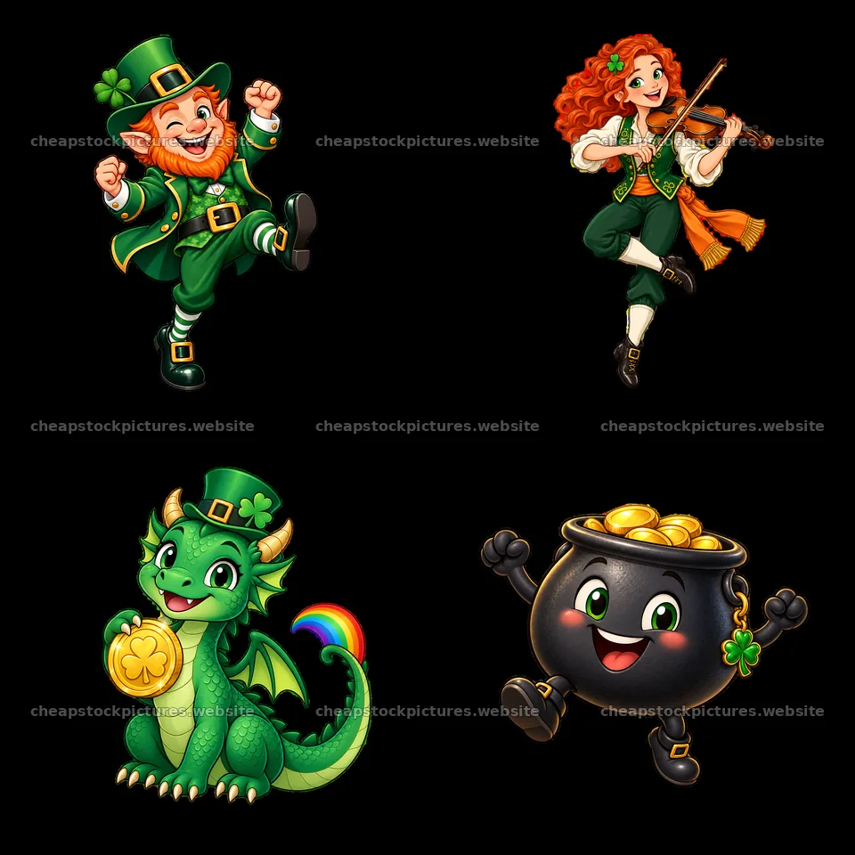 St. Patrick's Day cartoon characters celebrating with music and – stock pictures 7746x7746
