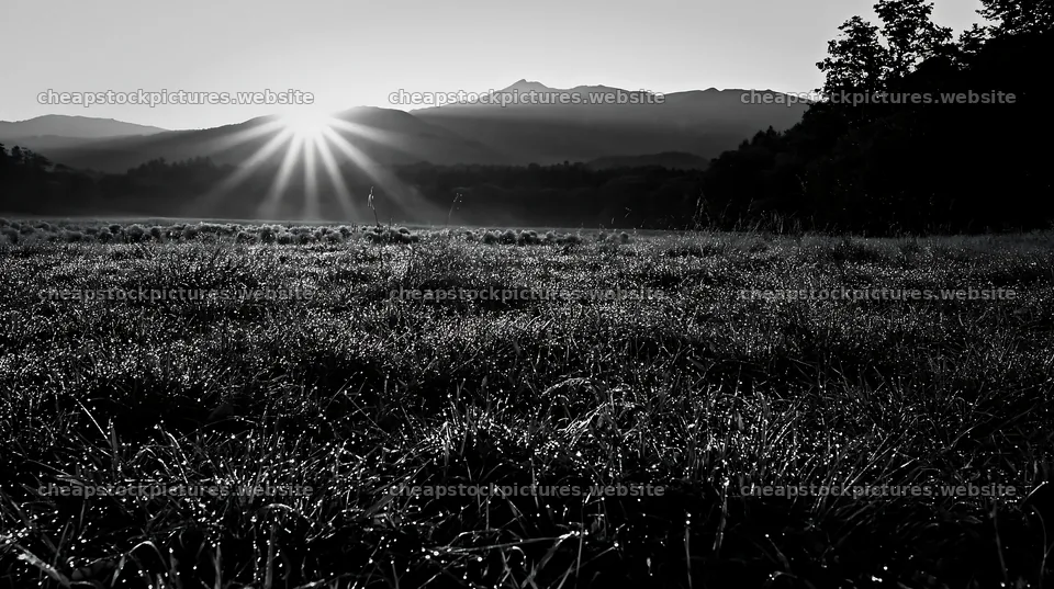 Expansive Hokkaido restoration meadow with dewdrops – stock pictures 10608x5938
