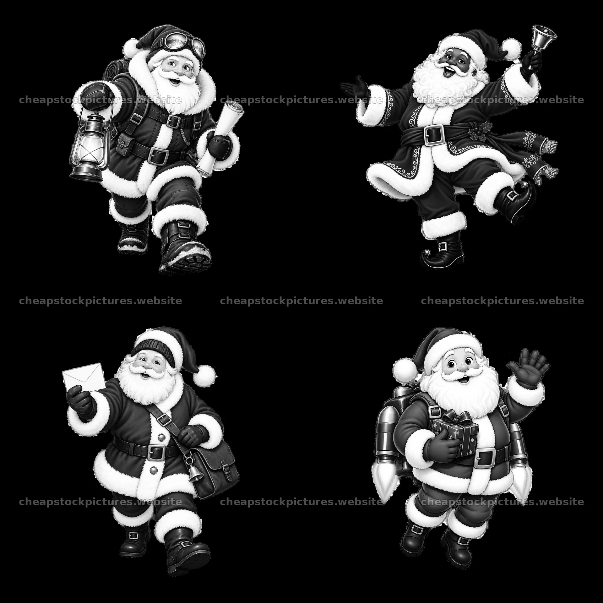 Santa Claus characters in various actions and poses – stock pictures 7746x7746