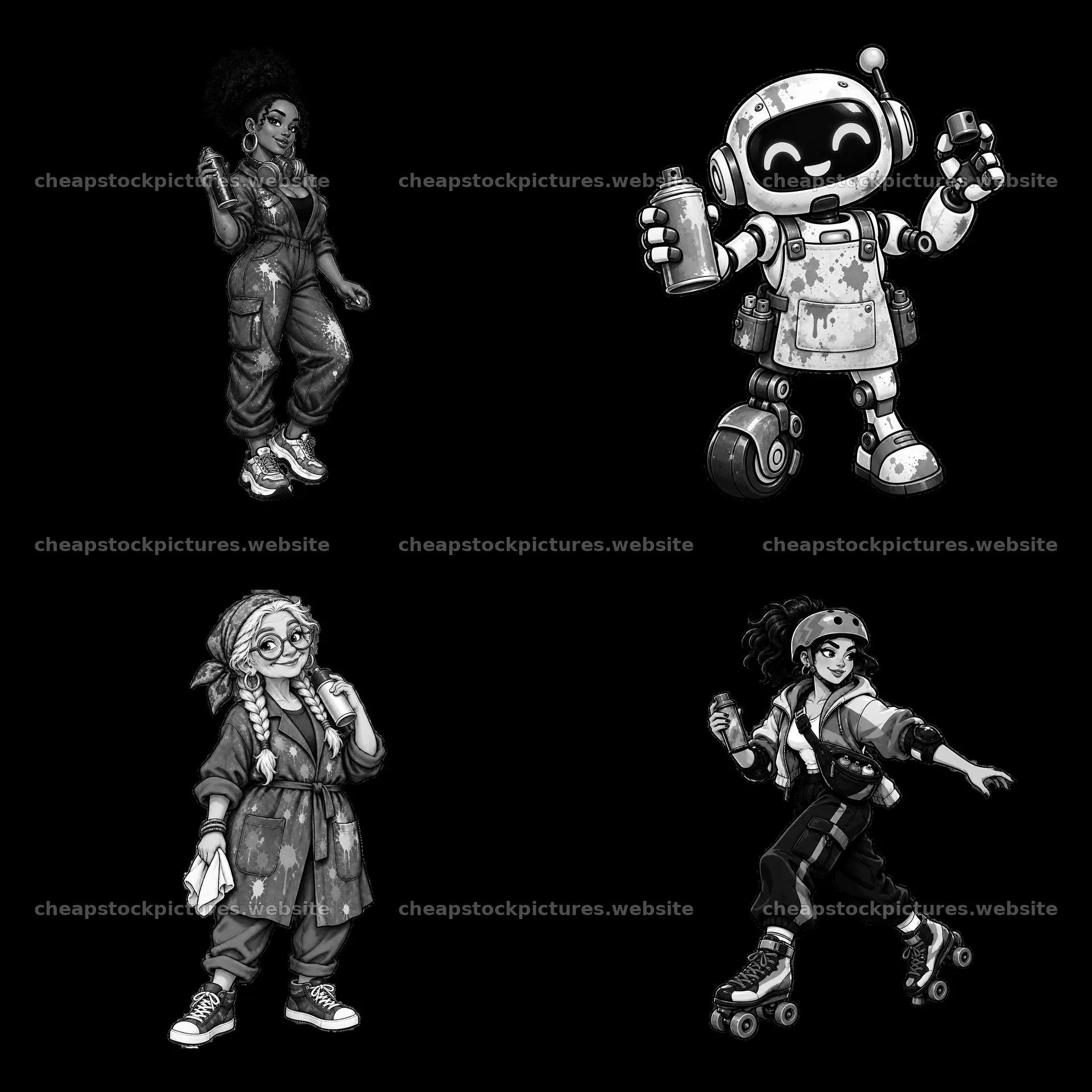 Graffiti sprayers in a monochrome cartoon sticker layout – stock pictures 7746x7746