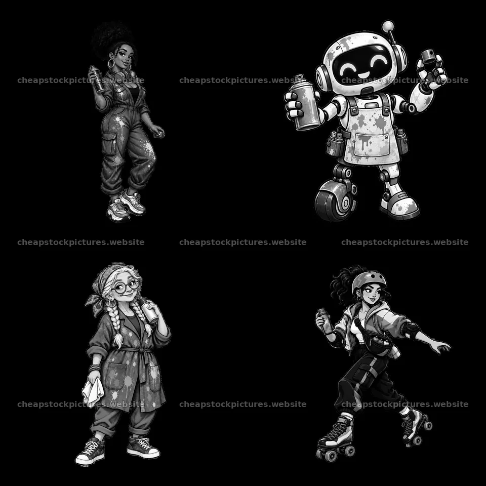 Graffiti sprayers in a monochrome cartoon sticker layout – stock pictures 7746x7746