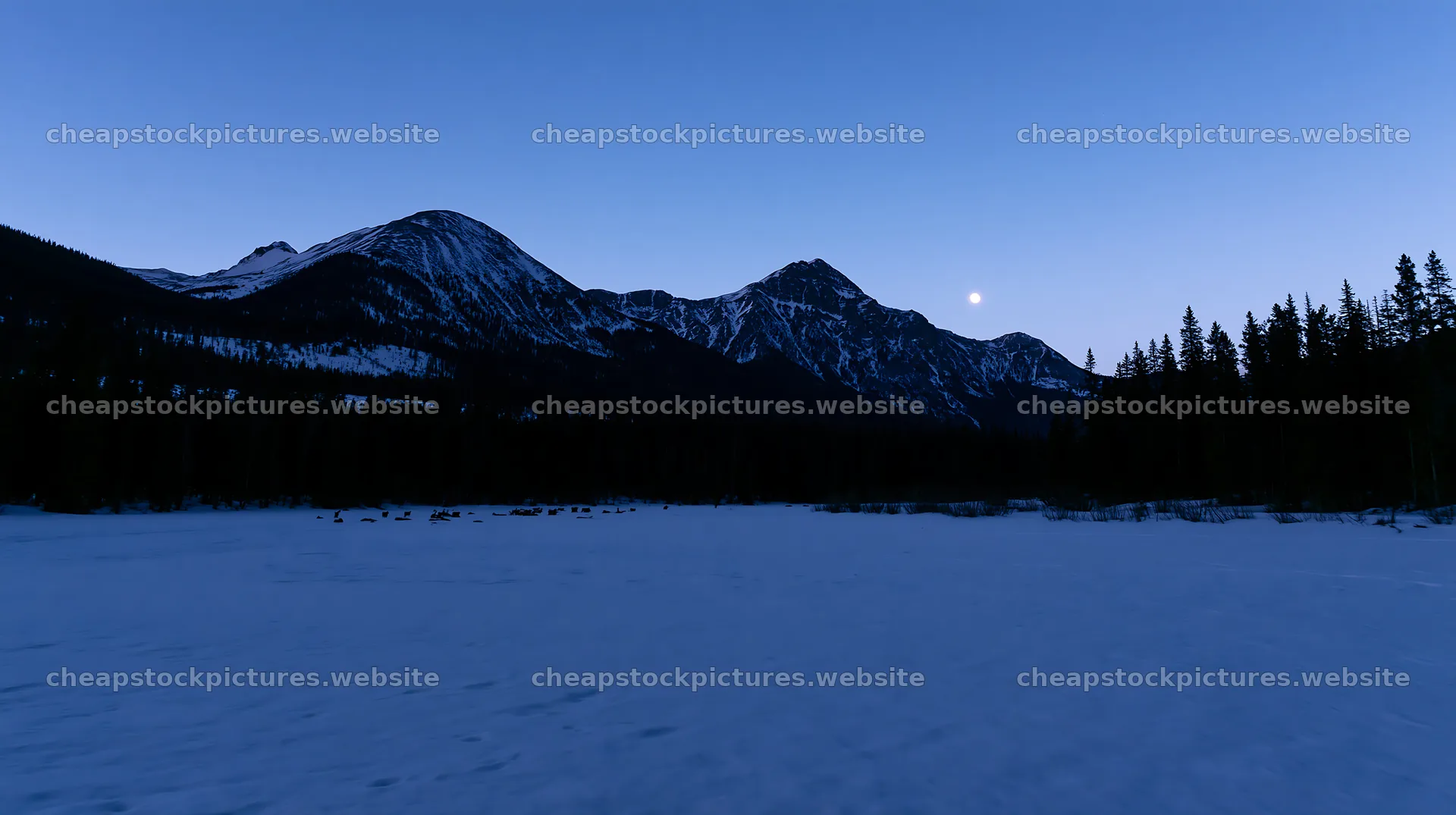Snowy Rocky Mountain Park meadow at dusk – stock pictures 10608x5938
