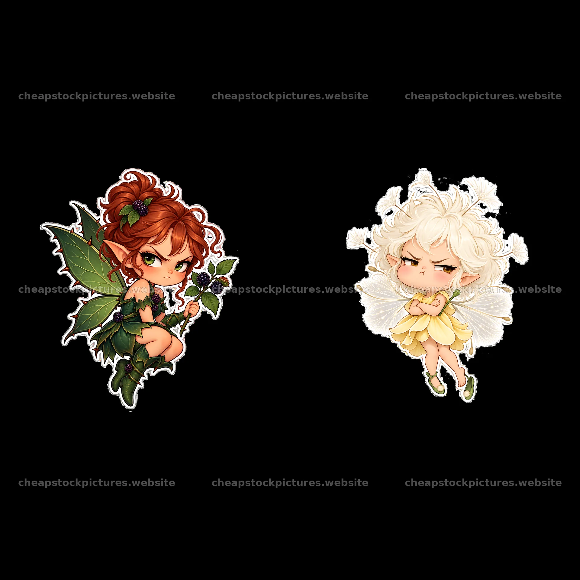 Kawaii grumpy fairy stickers with leaf and flower details – stock pictures 7746x7746