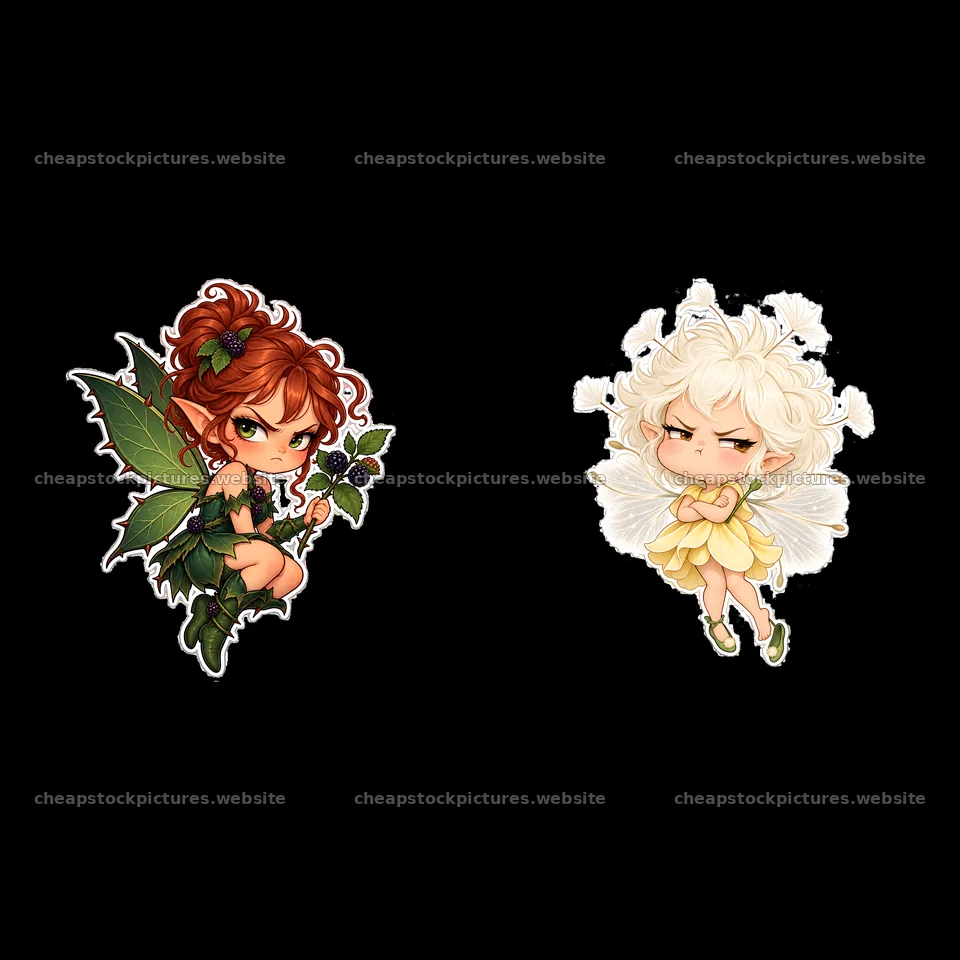 Kawaii grumpy fairy stickers with leaf and flower details – stock pictures 7746x7746