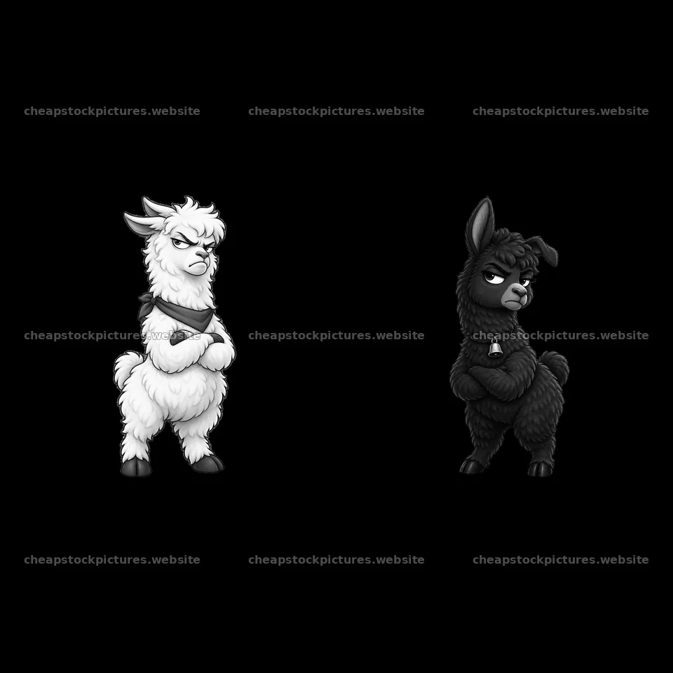 Grumpy llama characters in black and white cartoon style – stock pictures 7746x7746