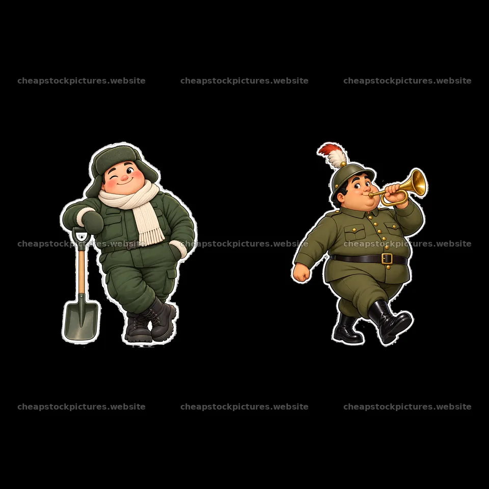 Cute ultra-chubby soldier characters with a shovel and a trumpet – stock pictures 7746x7746