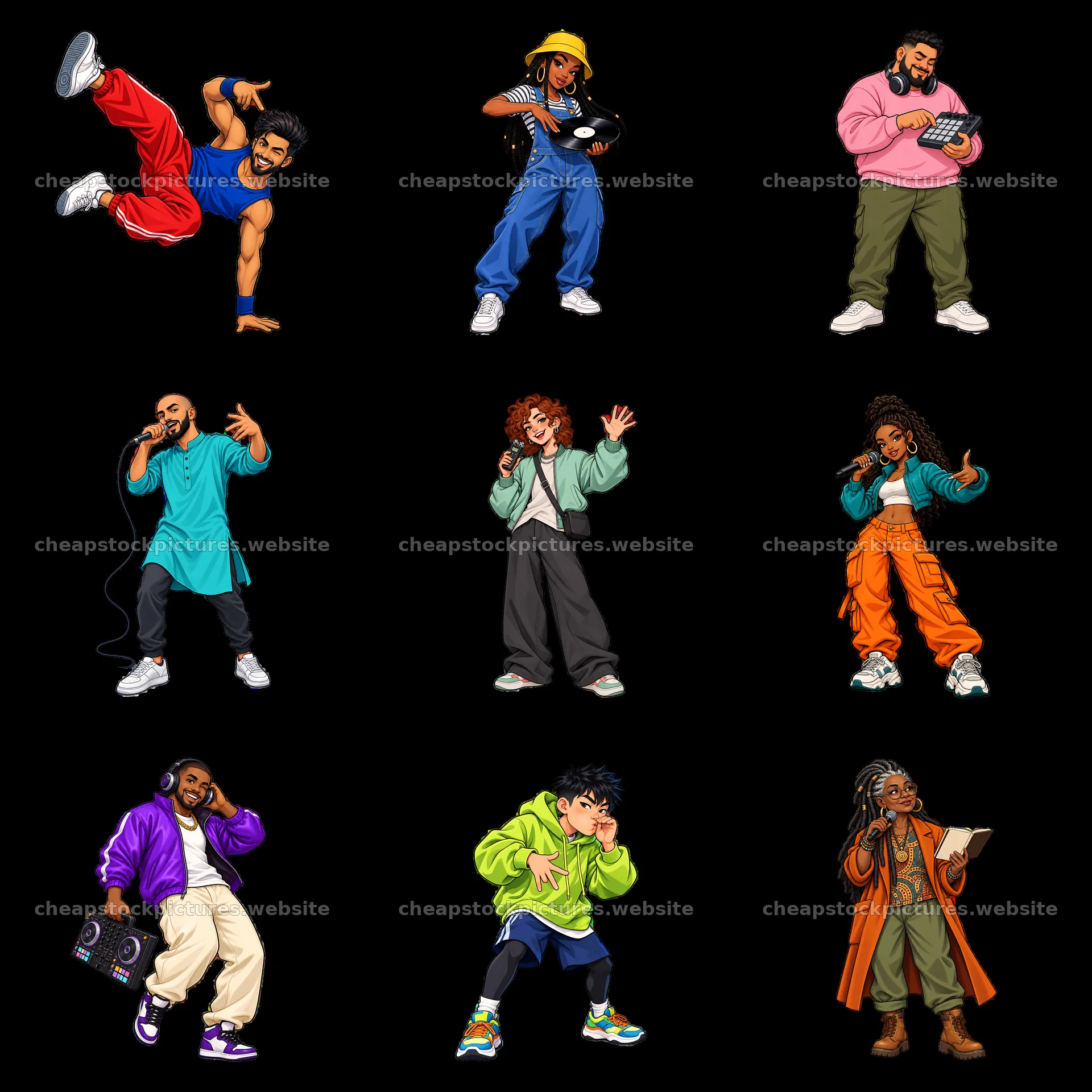 Hip-hop artists in dynamic poses and vibrant outfits – stock pictures 7746x7746