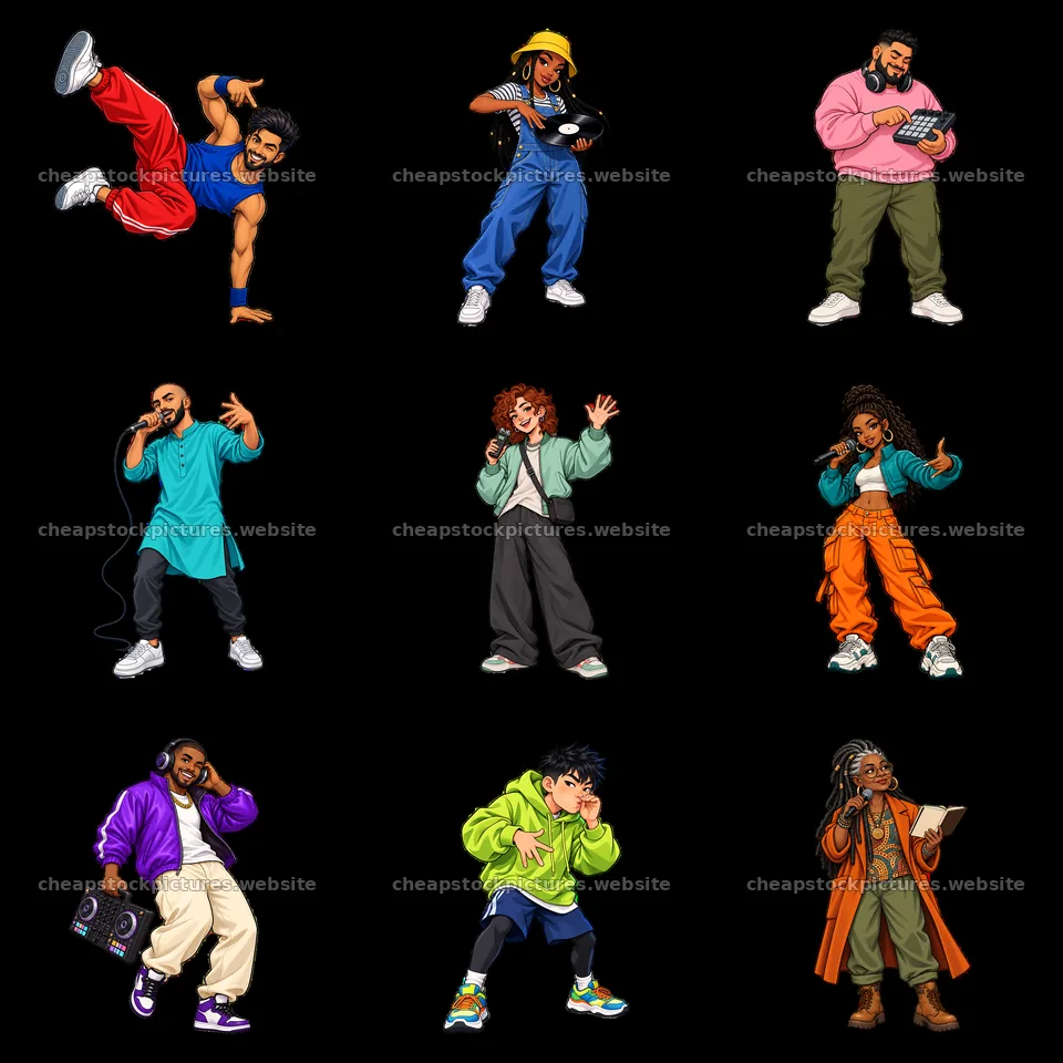 Hip-hop artists in dynamic poses and vibrant outfits – stock pictures 7746x7746