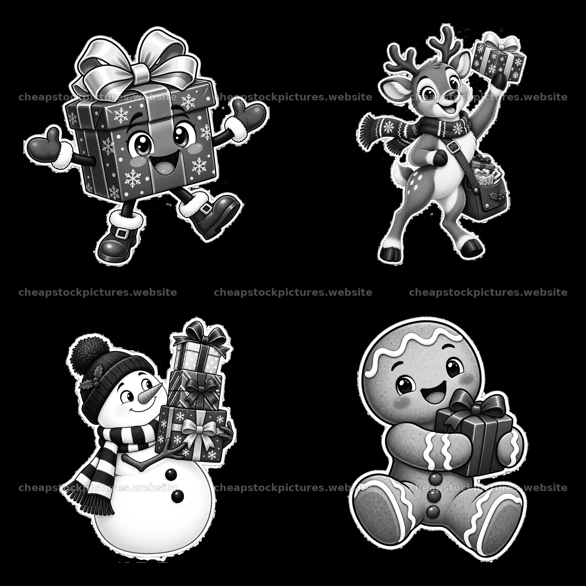 Christmas characters with gifts in a black and white cartoon layout – stock pictures 7746x7746