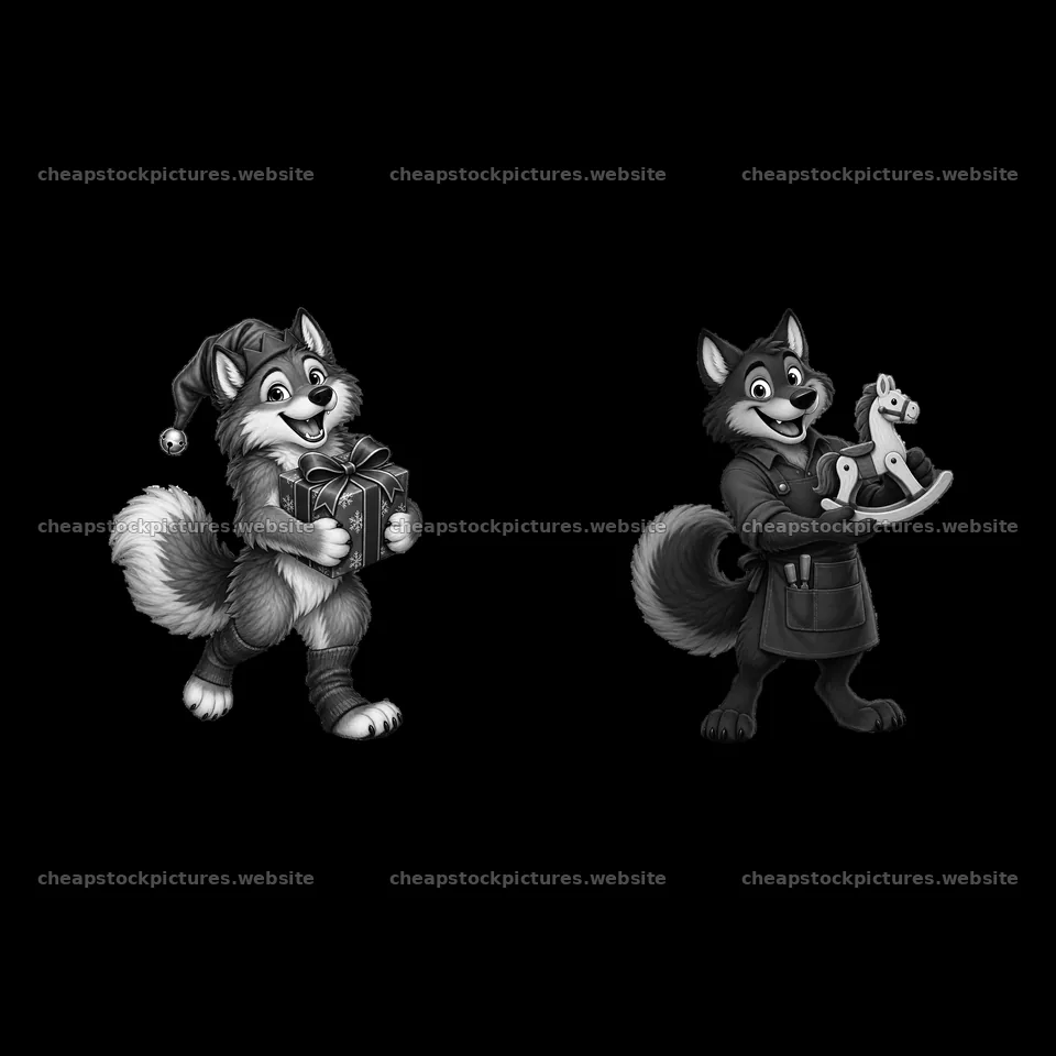 Christmas wolves with gifts and tools in black-and-white stickers – stock pictures 7746x7746