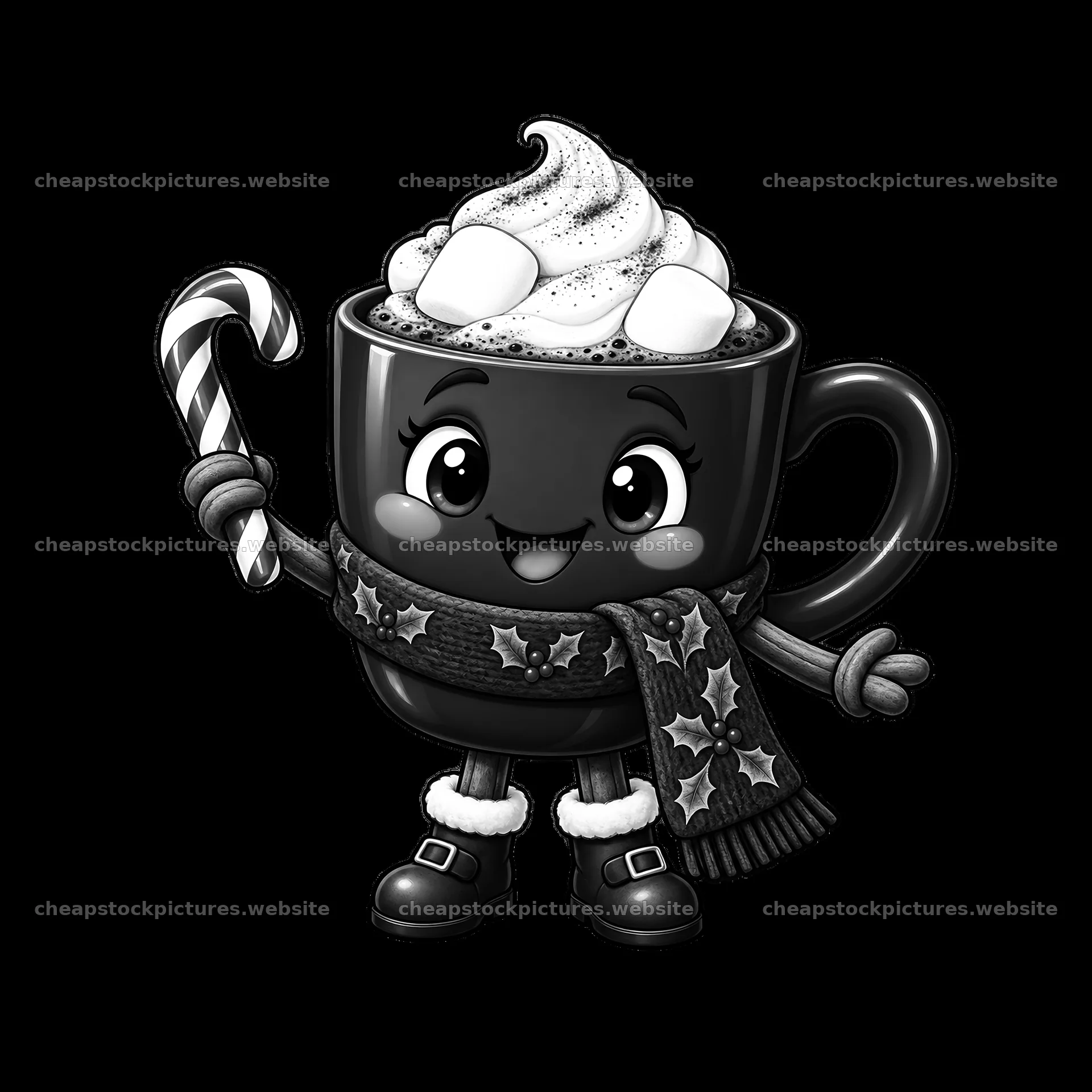 Cute cartoon hot chocolate character with candy cane and scarf – stock pictures 7746x7746