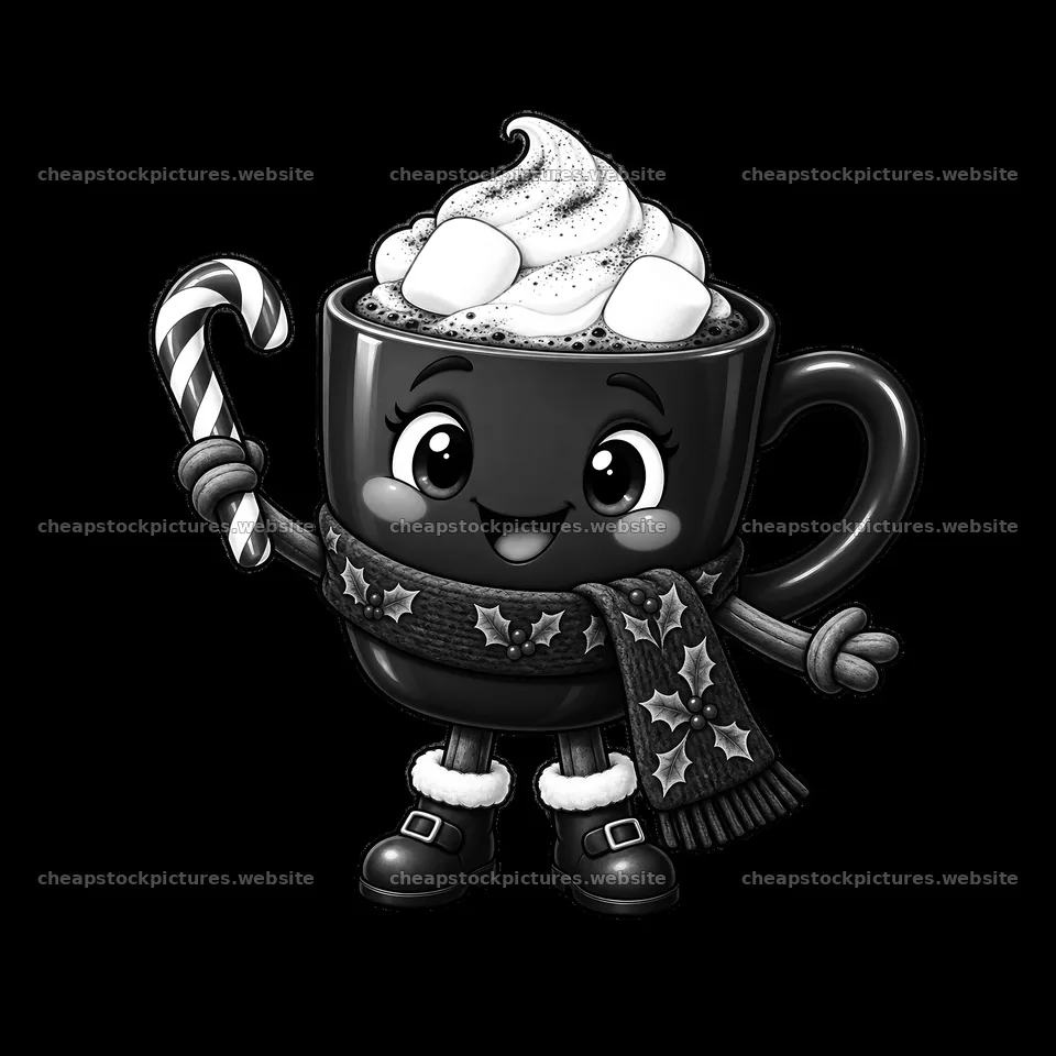 Cute cartoon hot chocolate character with candy cane and scarf – stock pictures 7746x7746