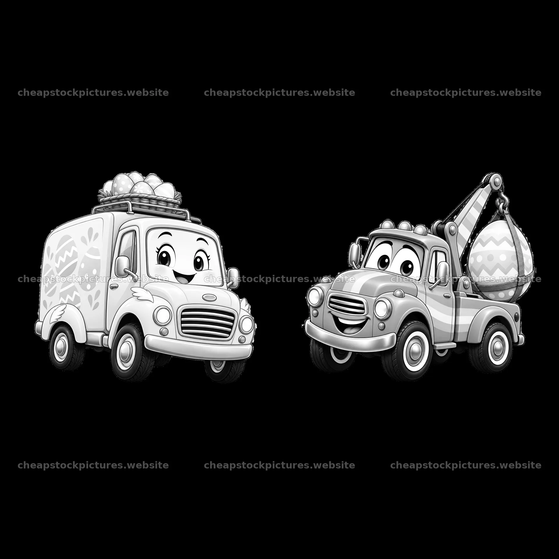 Easter trucks loaded with eggs and decorations in black and white – stock pictures 7746x7746