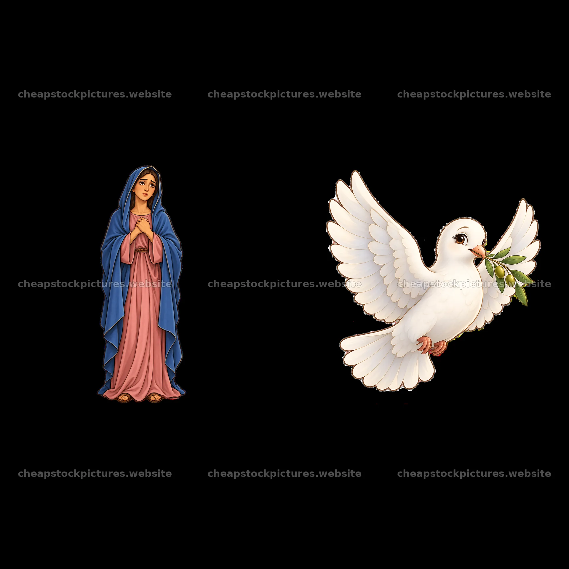 Mary with folded hands and dove carrying olive branch – stock pictures 7746x7746