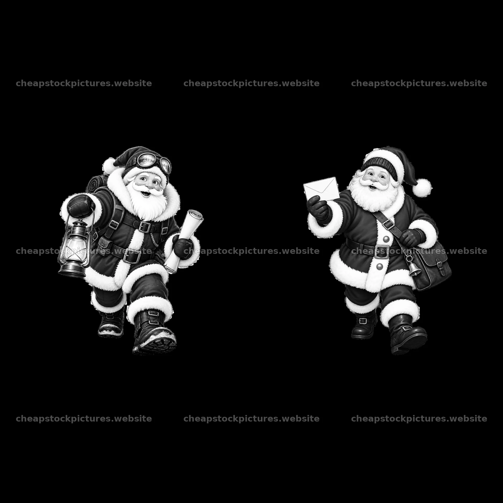 Santa Claus with lantern and envelope in black and white sticker – stock pictures 7746x7746