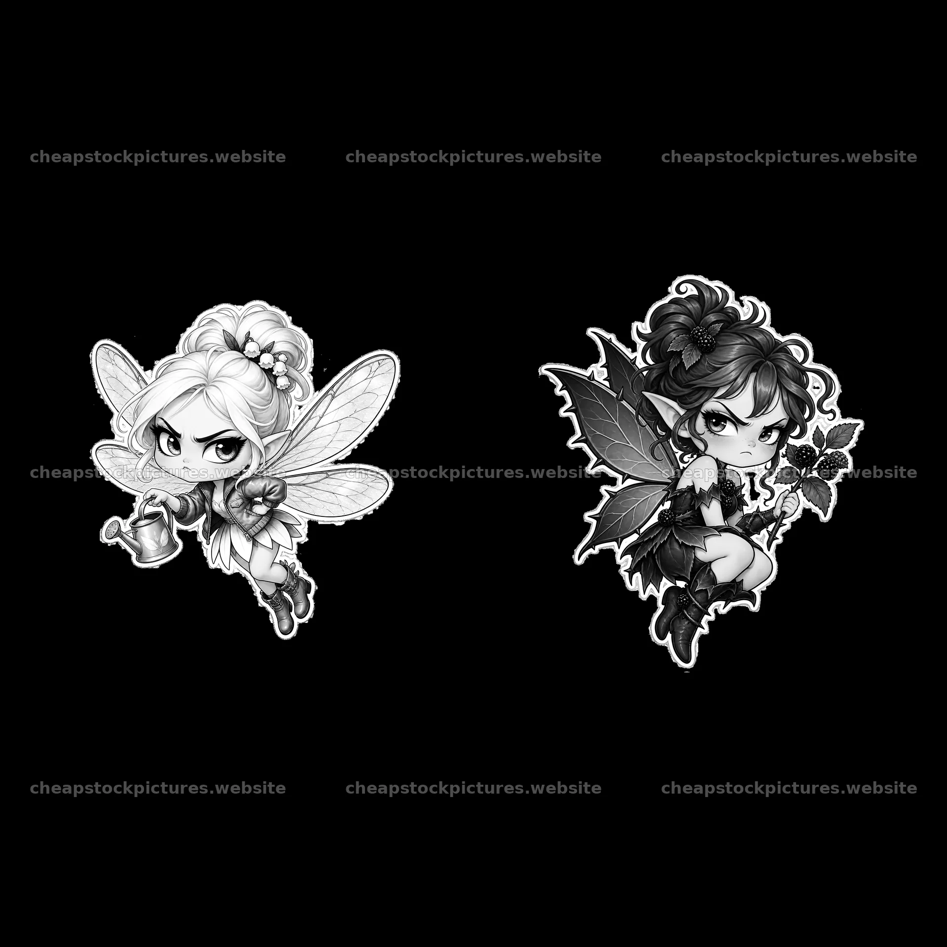 Kawaii grumpy fairies with watering can and rose in black and white – stock pictures 7746x7746