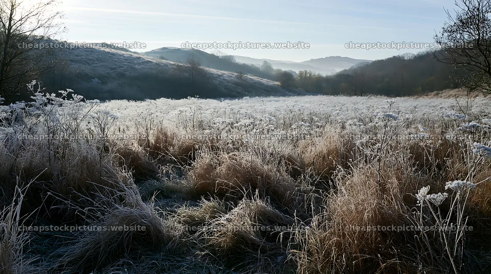 Cow parsley meadow in a frosty landscape during morning light – stock pictures 10608x5938