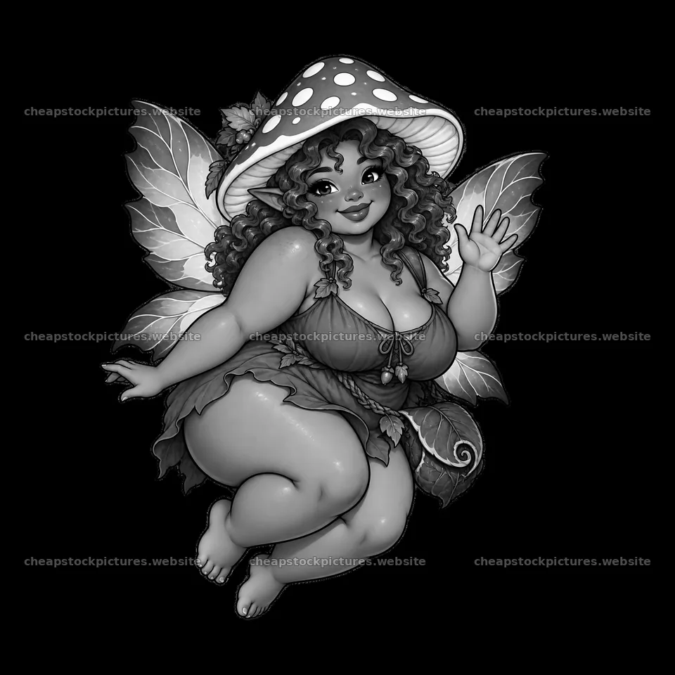 Kawaii ultra-fat fairy with mushroom hat and large wings – stock pictures 7746x7746