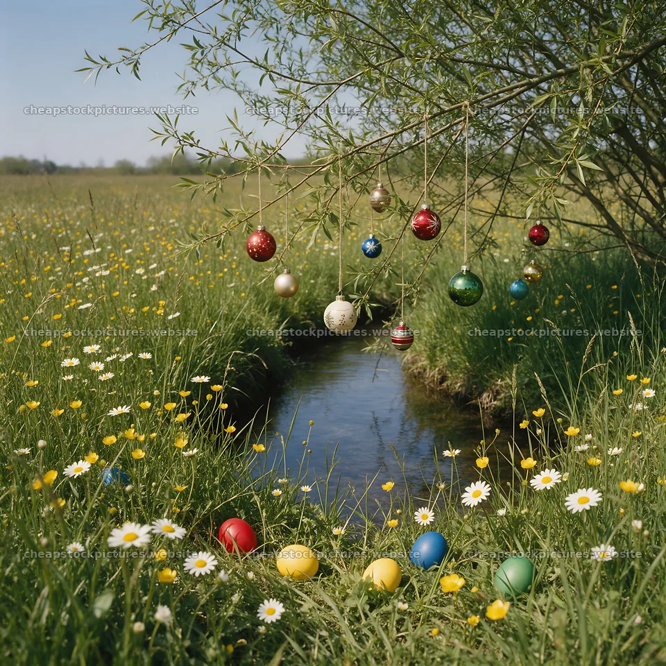 Colorful Christmas ornaments hanging over stream in meadow – stock pictures 7938x7938