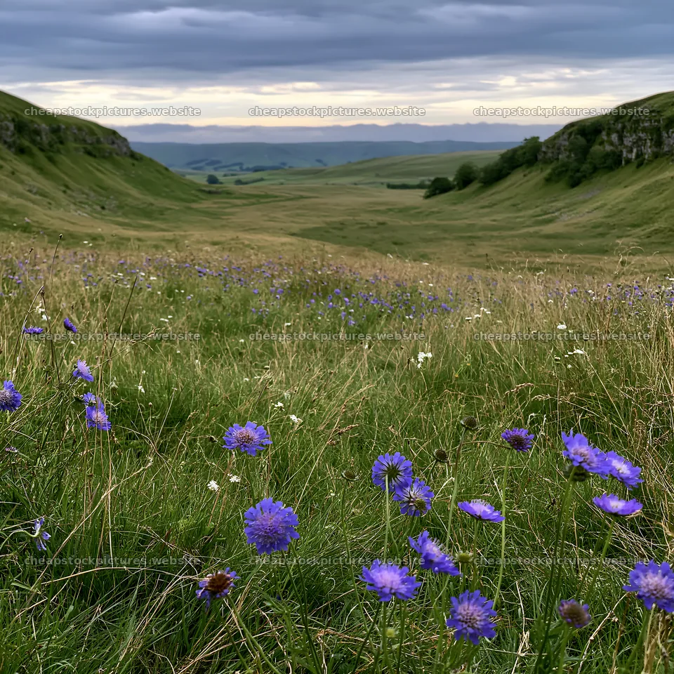 Cloudy limestone wildflower meadow with blue flowers – stock pictures 7938x7938