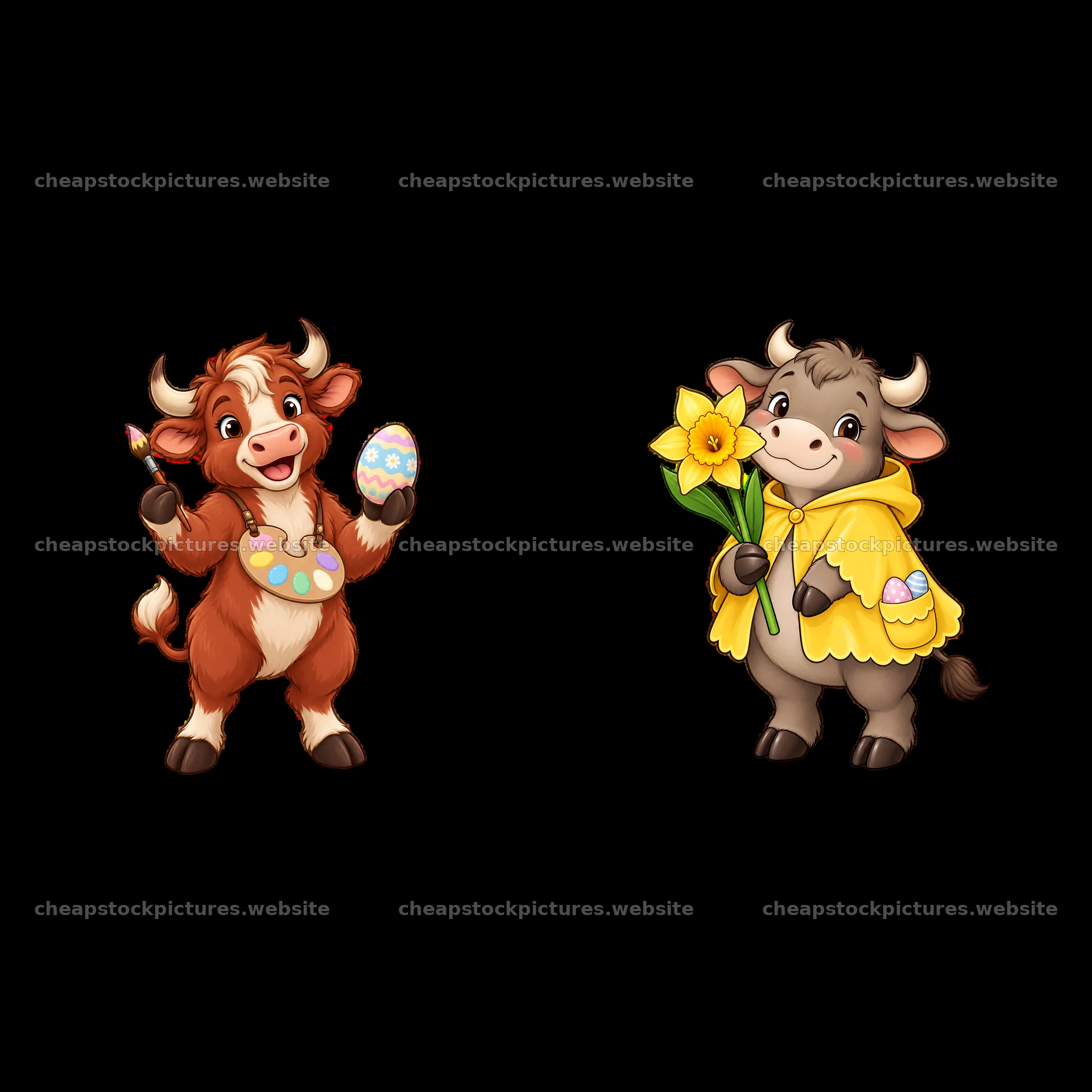Easter ox cartoon characters holding decorated egg and flowers – stock pictures 7746x7746