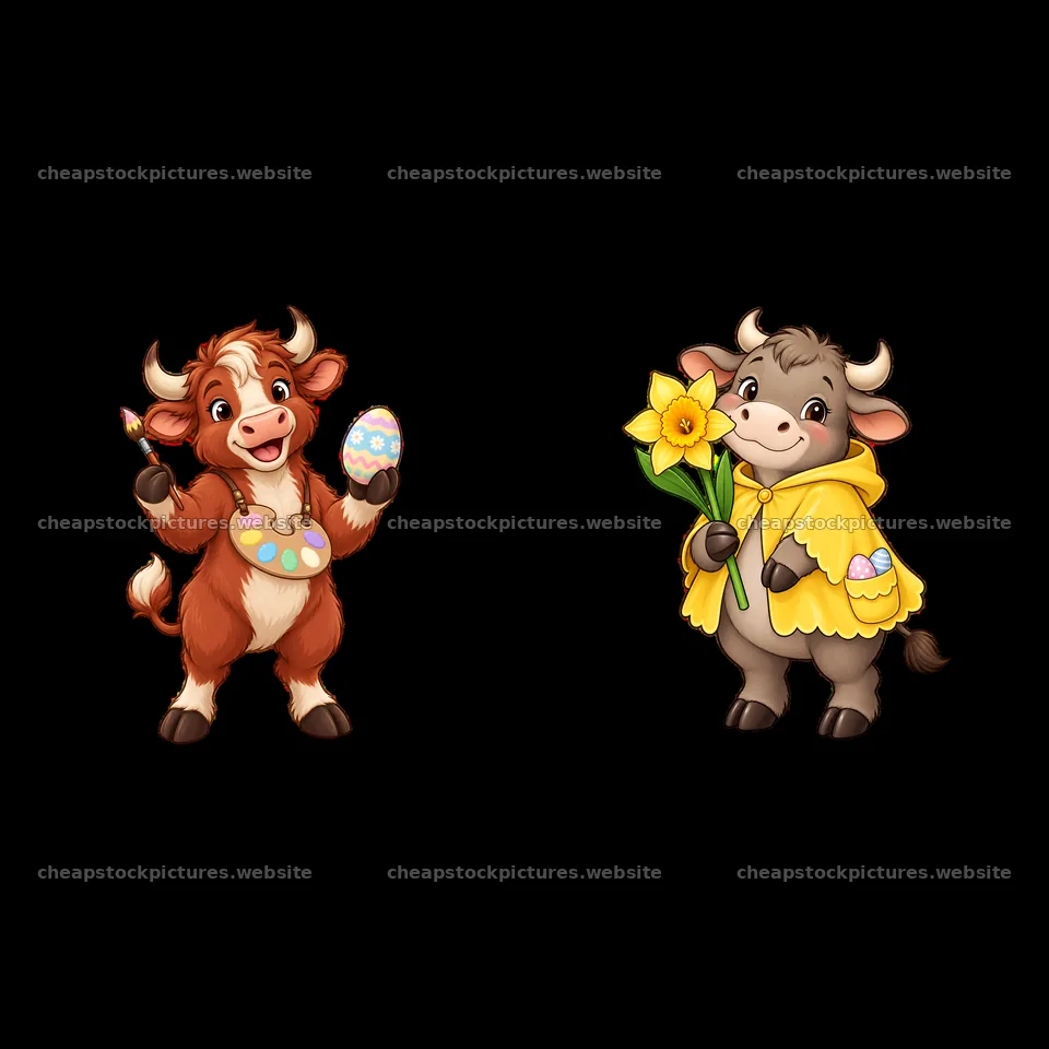 Easter ox cartoon characters holding decorated egg and flowers – stock pictures 7746x7746