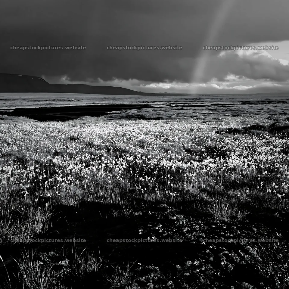 Cottongrass meadow glow near the shore during a stormy evening – stock pictures 7938x7938