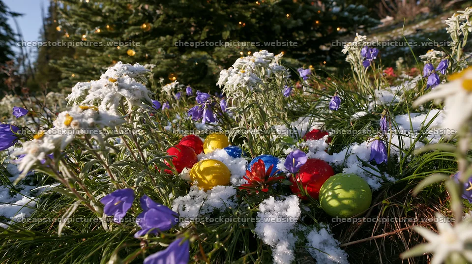 Christmas tree in mountain meadow with snow and ornaments – stock pictures 10608x5938