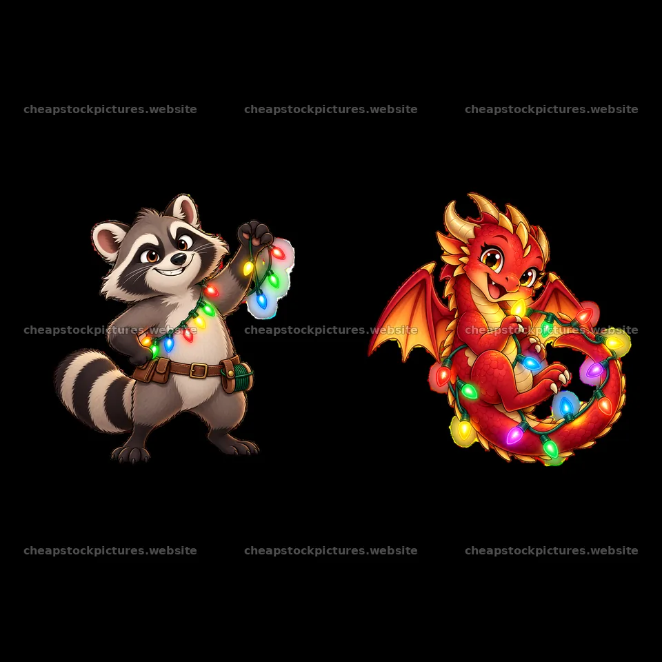 Raccoon and dragon holding colorful string lights – stock pictures 7746x7746