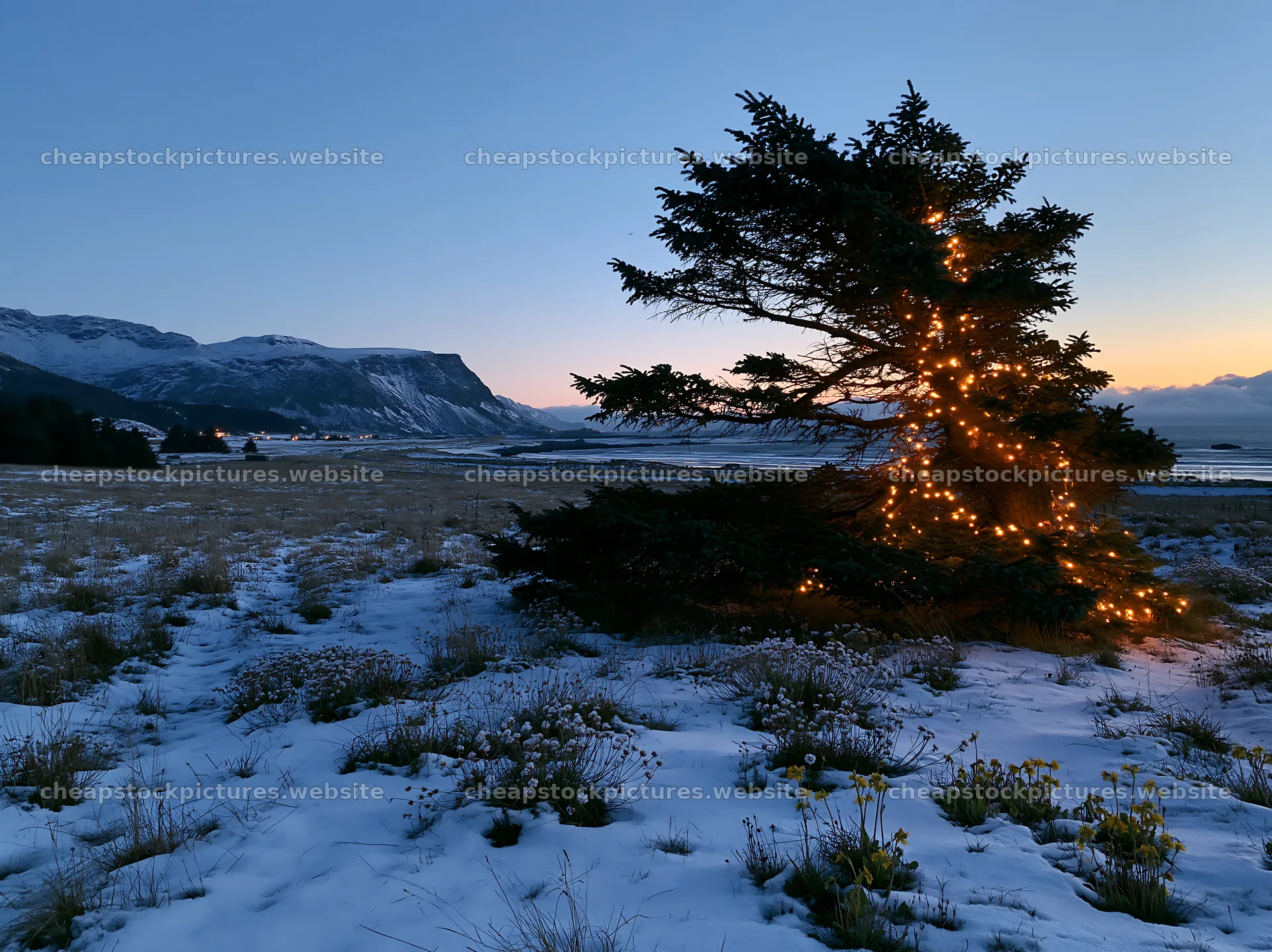 Decorated Christmas tree in snowy meadow at twilight – stock pictures 9174x6866
