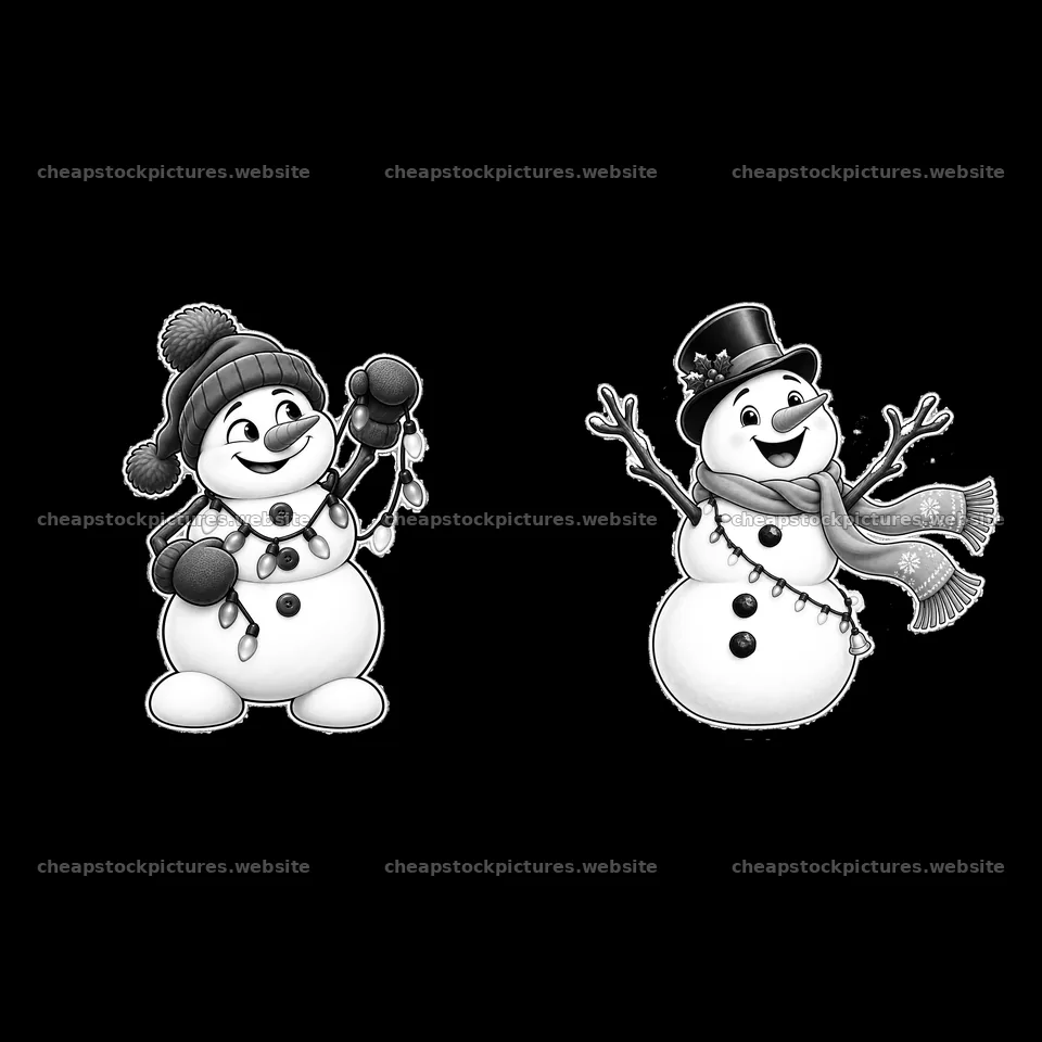 Snowman holding string lights and another with a hat and scarf – stock pictures 7746x7746